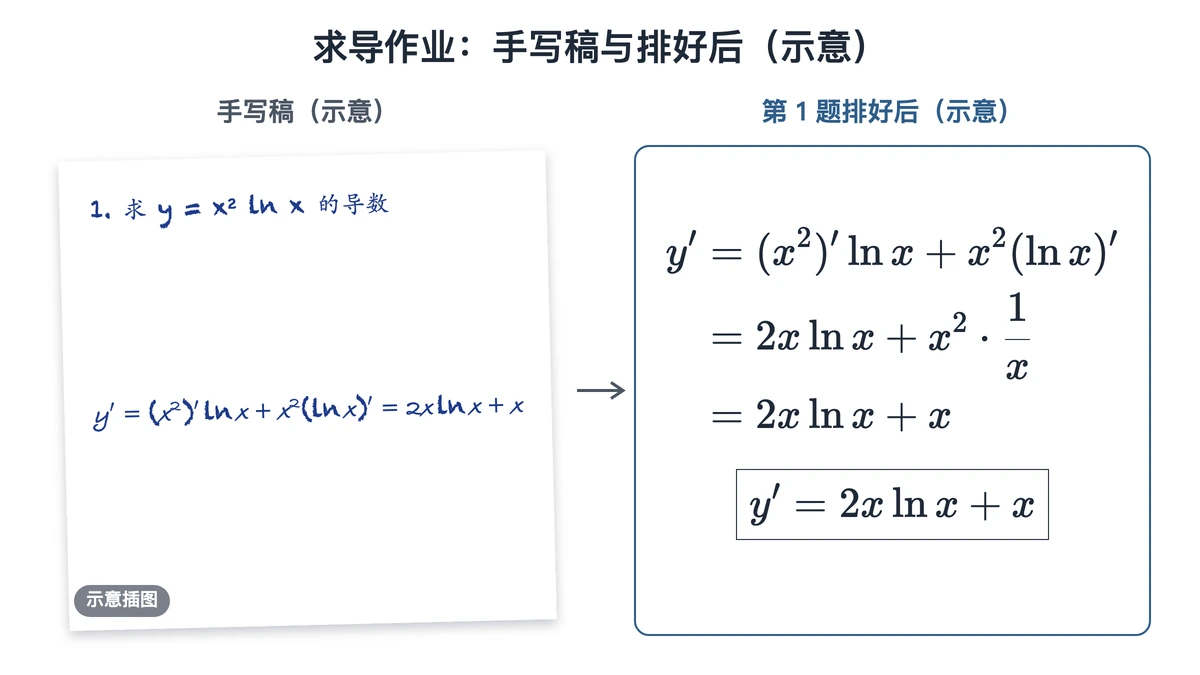 第 1 题手写稿与排好后的三行推导加答案框对照示意