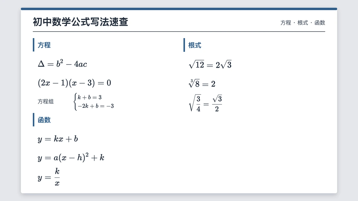 初中方程、根式、函数常用写法一页表